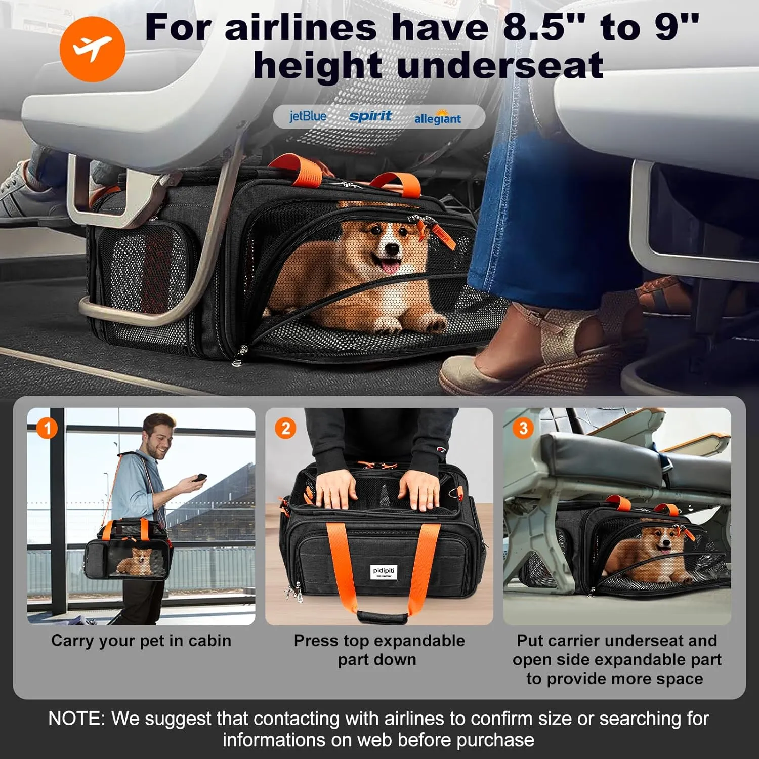 17x12x8.3 TSA Approved Expandable pet Carrier for Extra-Small Dog Under 6 lbs,Small-Medium cat Under 8 lbs,for jetblue and Other Airlines only Have 8.5'' Height Space underseat