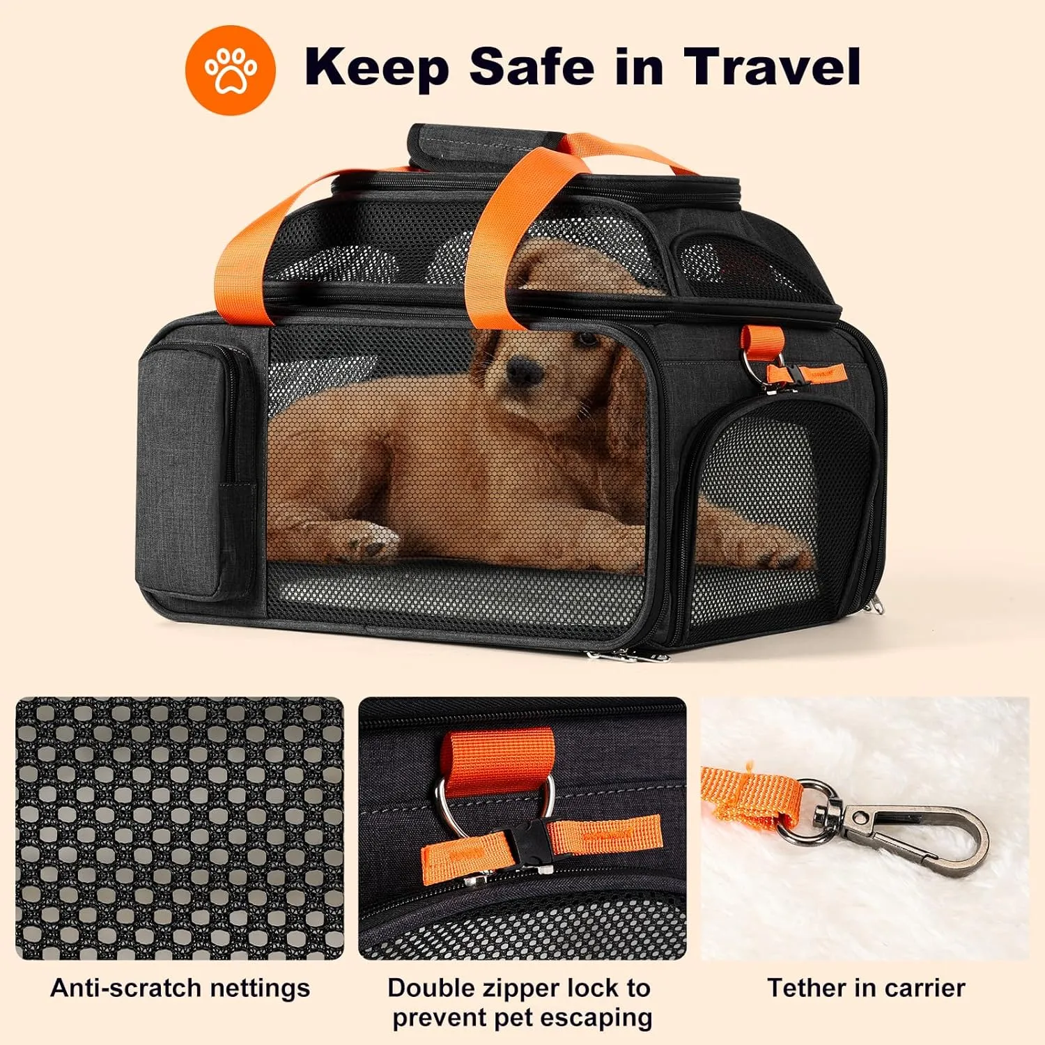 17x12x8.3 TSA Approved Expandable pet Carrier for Extra-Small Dog Under 6 lbs,Small-Medium cat Under 8 lbs,for jetblue and Other Airlines only Have 8.5'' Height Space underseat