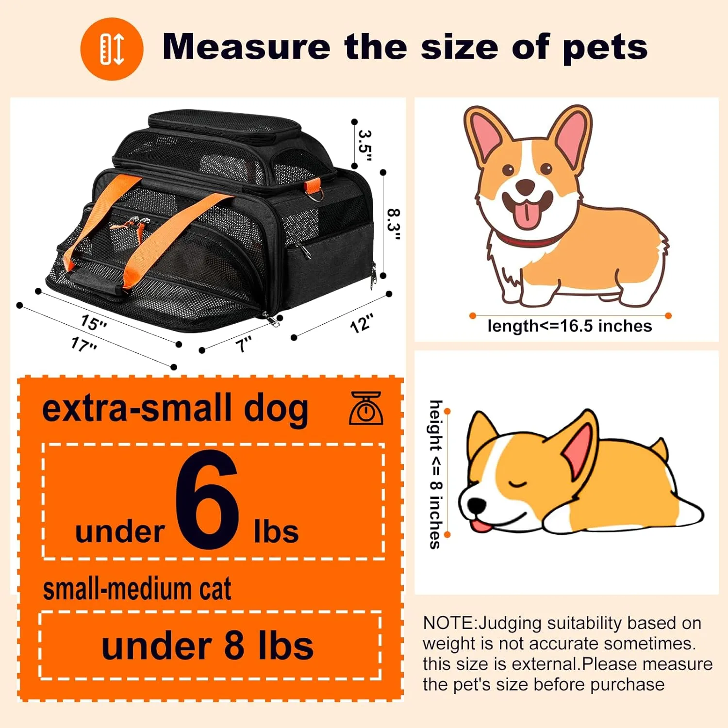 17x12x8.3 TSA Approved Expandable pet Carrier for Extra-Small Dog Under 6 lbs,Small-Medium cat Under 8 lbs,for jetblue and Other Airlines only Have 8.5'' Height Space underseat