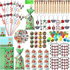 197 Pcs Football Party Favors with Ball Bracelets Mini Pinball Mini Bubble Wands Straws Keychains Badges Stickers Stamps Gift Bags Tags for Birthday Themed Party Sport Supplies