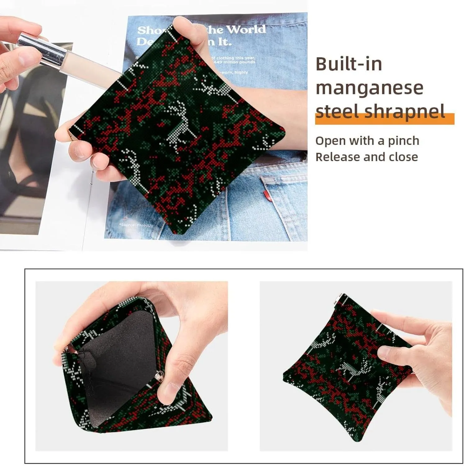 2 Pack Faux Leather Makeup Bag for Purse, Portable Travel Small Makeup Pocket, Waterproof Mini Bag Purse, Mini Travel Storage for Cosmetics, Christmas Green Retro Elk