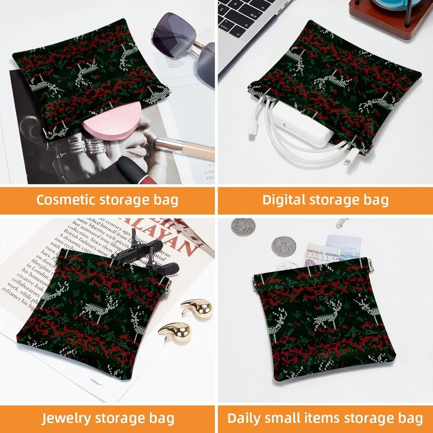 2 Pack Faux Leather Makeup Bag for Purse, Portable Travel Small Makeup Pocket, Waterproof Mini Bag Purse, Mini Travel Storage for Cosmetics, Christmas Green Retro Elk