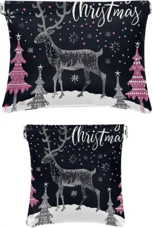 2 Pack Faux Leather Makeup Bag for Purse, Small Makeup Pouch for Purse, Mini Makeup Bag, Mini Pocket Makeup Bag for Lipstick, Christmas Elk Tree Snowflake
