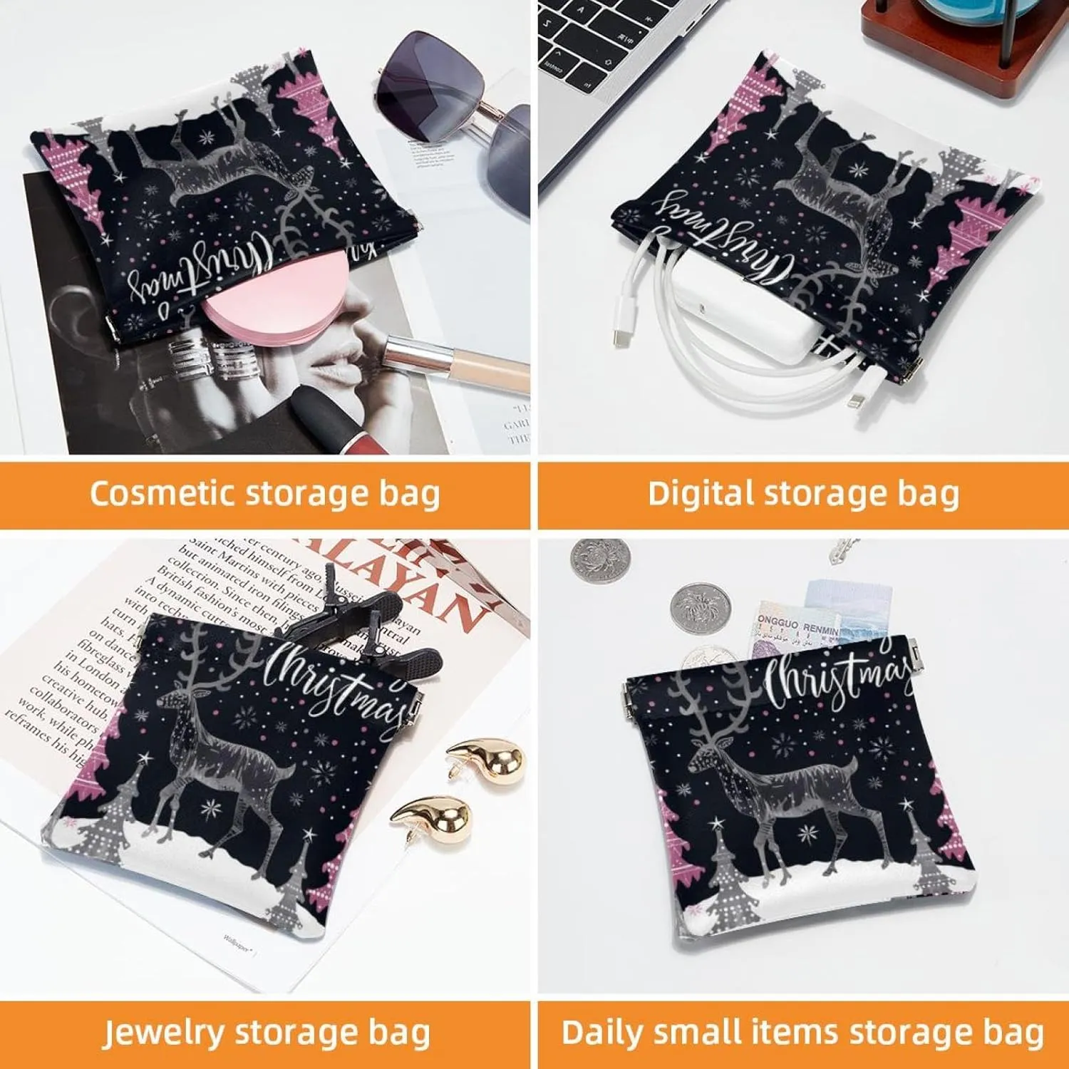 2 Pack Faux Leather Makeup Bag for Purse, Small Makeup Pouch for Purse, Mini Makeup Bag, Mini Pocket Makeup Bag for Lipstick, Christmas Elk Tree Snowflake
