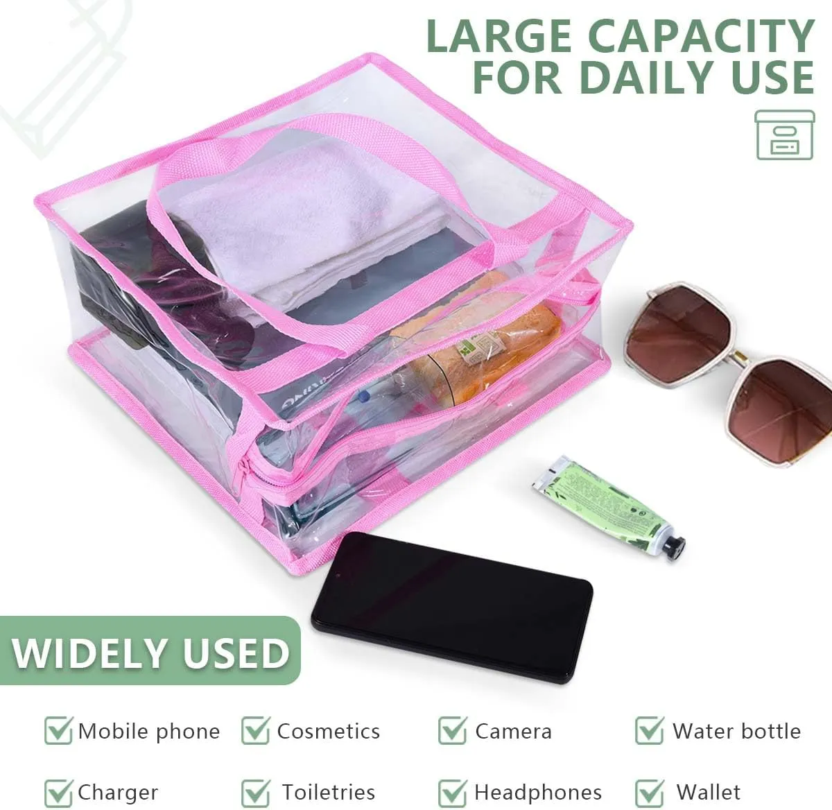 2 Pack Large Clear Stadium Approved Bags Plastic Tote Bags with Zippers and Handles for Concerts, Sporting Events, Gym