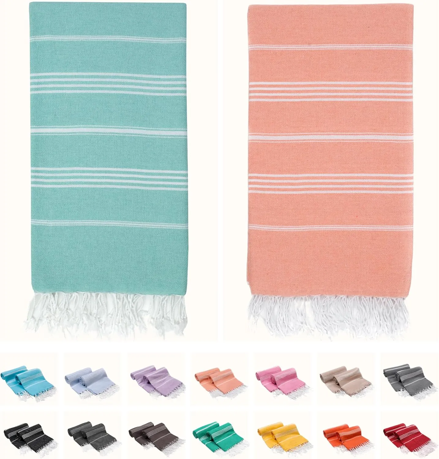 2 Pack The Turkish Beach Towel 40x72 Inches, Oversized 100% Cotton Sand Free Lightweight Absorbent Quick-Dry Beach Blanket, Extra Large Turkish Bath Towels for Travel and Pool, Yoga (Aqua Peach)