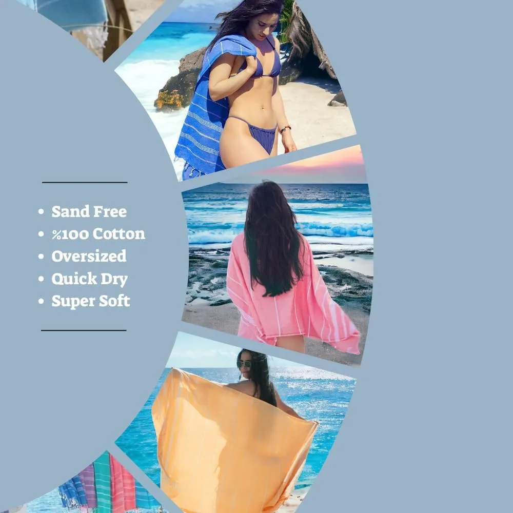2 Pack The Turkish Beach Towel 40x72 Inches, Oversized 100% Cotton Sand Free Lightweight Absorbent Quick-Dry Beach Blanket, Extra Large Turkish Bath Towels for Travel and Pool, Yoga (Aqua Peach)
