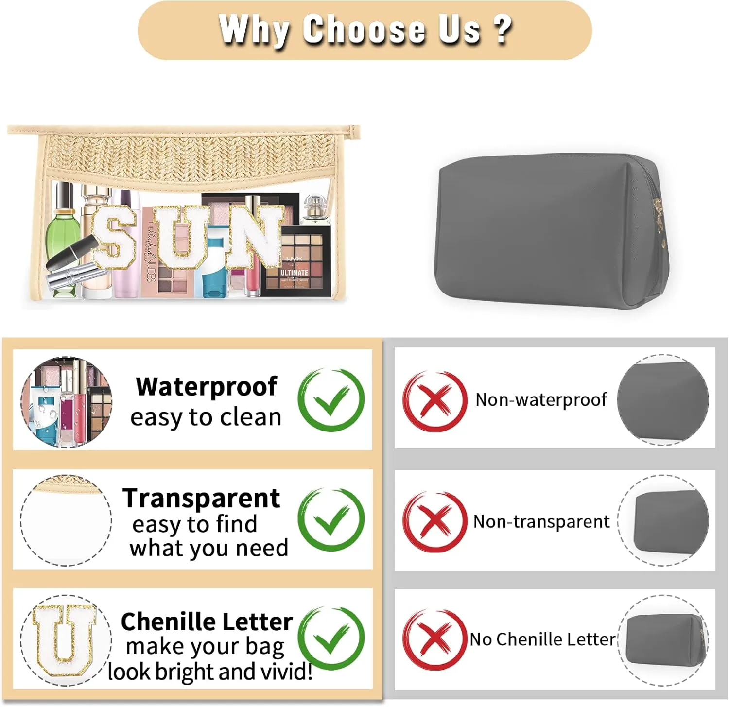 2 Pcs Boho Straw Clear Makeup Letter Bag BEACH Pouch, Sunscreen Bags for Beach Travel Small Cute Chenille Letter SPF Bag Pouch,Waterproof Beach Toiletry Sun Bag Best Beach Accessories for Women(SUN)