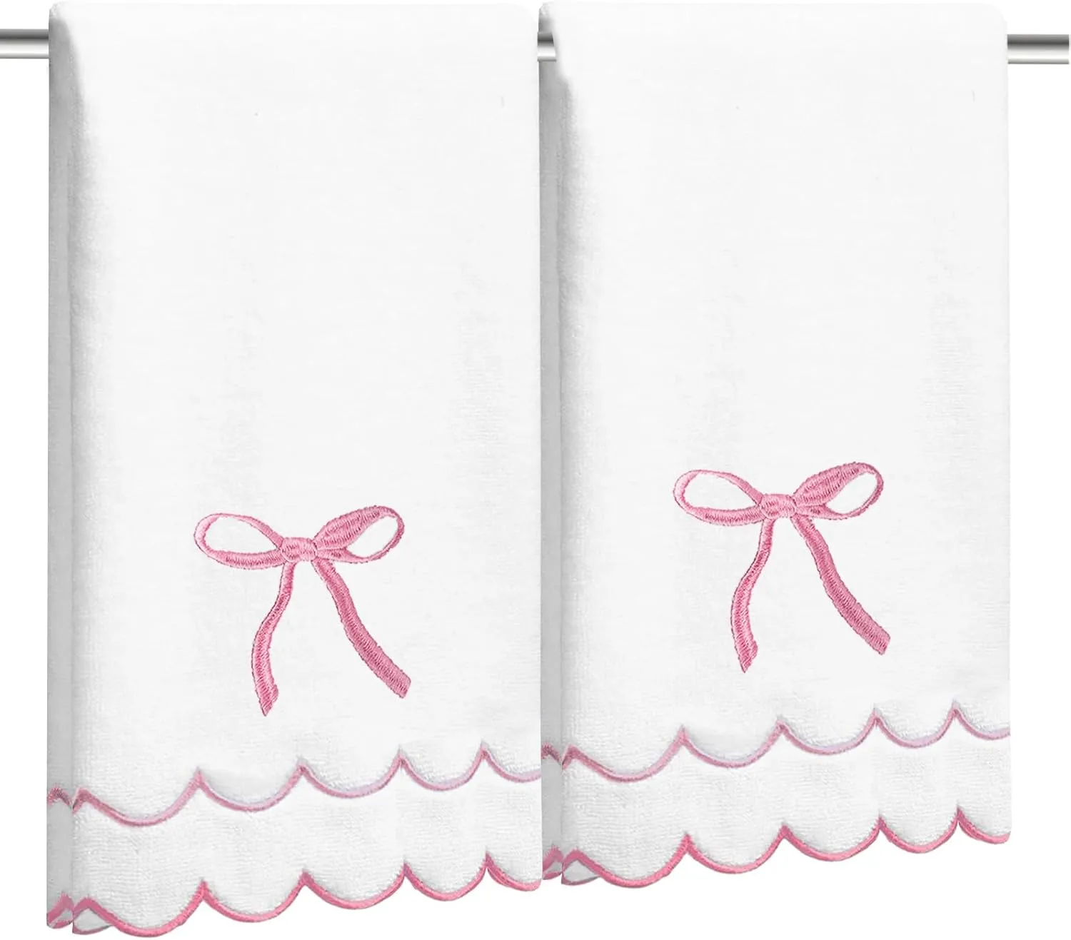 2 Pcs Coquette Bow Hand Towels 15.75 x 27.56 Inch Scalloped Embroidered Dish Towel 100% Cotton Cute Preppy Decorative Bath Hand Towel for Kitchen Bathroom (Pink)
