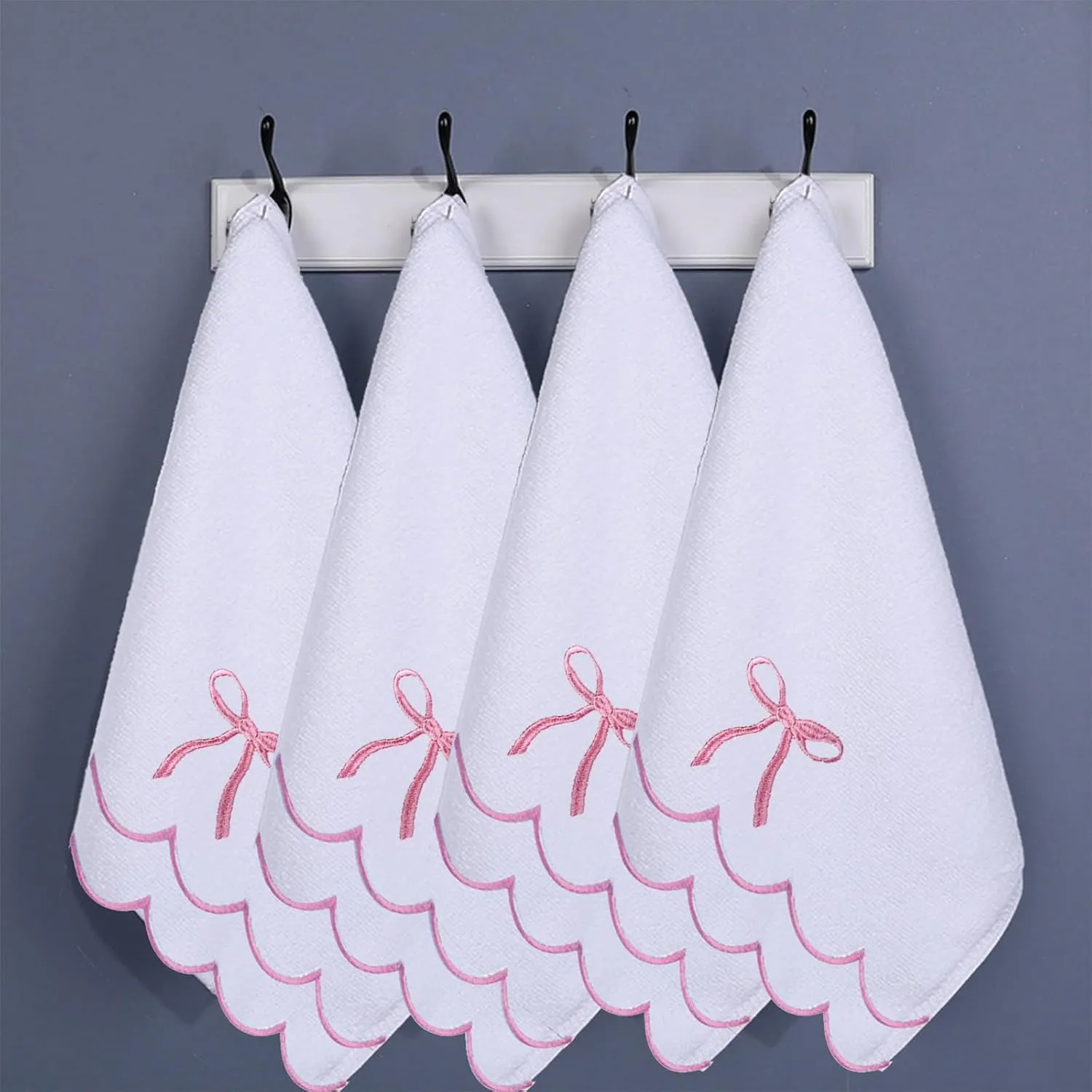 2 Pcs Coquette Bow Hand Towels 15.75 x 27.56 Inch Scalloped Embroidered Dish Towel 100% Cotton Cute Preppy Decorative Bath Hand Towel for Kitchen Bathroom (Pink)