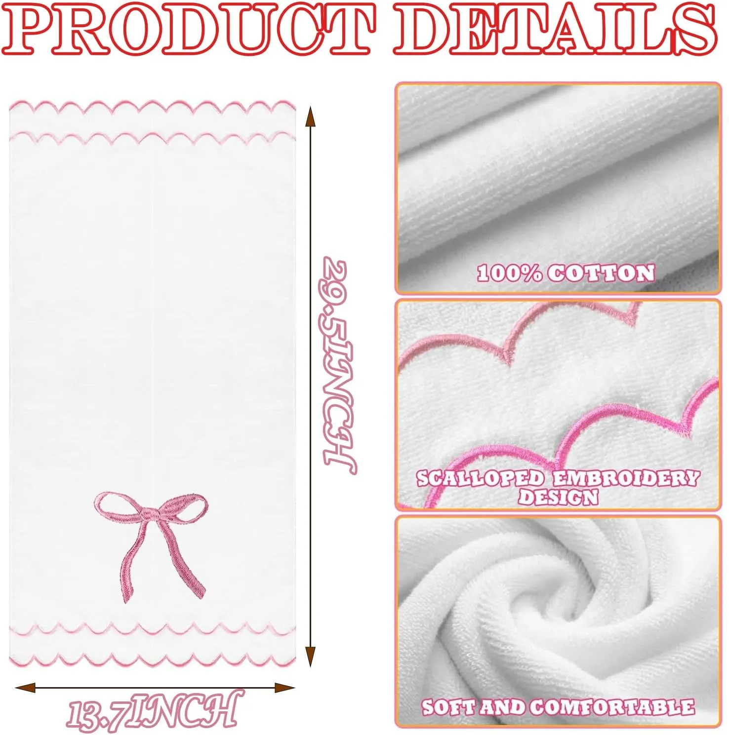 2 Pcs Coquette Bow Hand Towels 15.75 x 27.56 Inch Scalloped Embroidered Dish Towel 100% Cotton Cute Preppy Decorative Bath Hand Towel for Kitchen Bathroom (Pink)