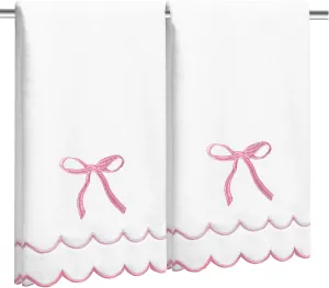 2 Pcs Coquette Bow Hand Towels 15.75 x 27.56 Inch Scalloped Embroidered Dish Towel 100% Cotton Cute Preppy Decorative Bath Hand Towel for Kitchen Bathroom (Pink)