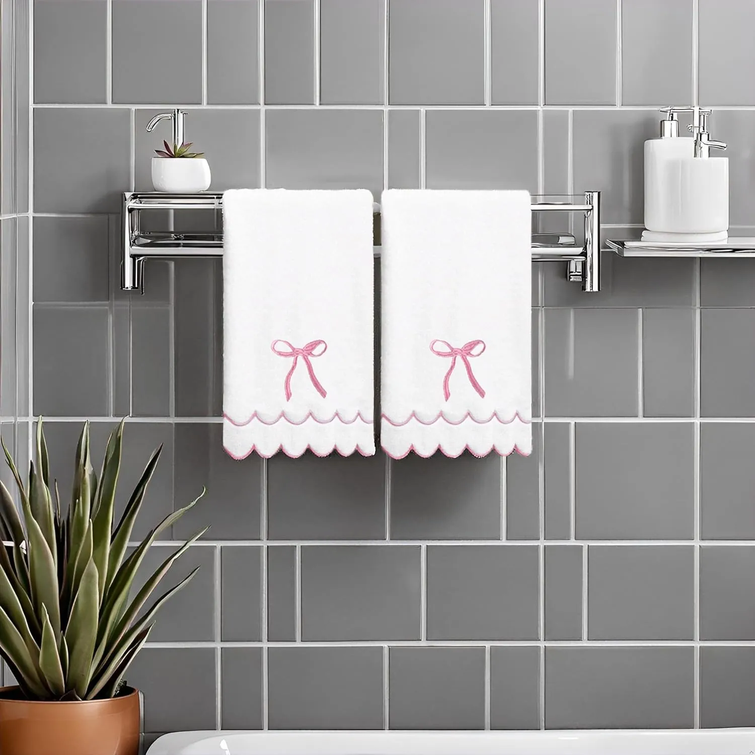 2 Pcs Coquette Bow Hand Towels 15.75 x 27.56 Inch Scalloped Embroidered Dish Towel 100% Cotton Cute Preppy Decorative Bath Hand Towel for Kitchen Bathroom (Pink)
