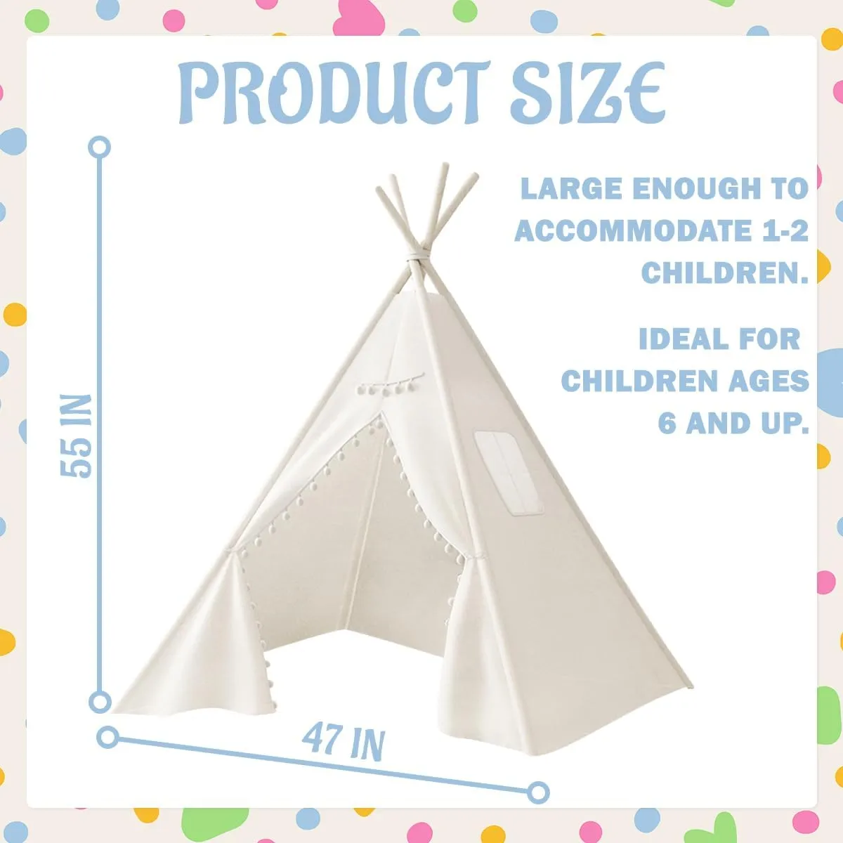 2 PCS Teepee Tent for Kids,Washable Tapered Kids Teepee Tent,Bohemian White Collapsible Sleepover Tents,for Boys and Girls Sleepover Pajamas Party Birthday SPA