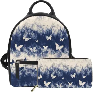 2-Piece Ladies Backpack and Wallet Leather Mini Backpack Purse Mobile Phone Handbag Essential Cash Bags Set, Blue Butterfly Print