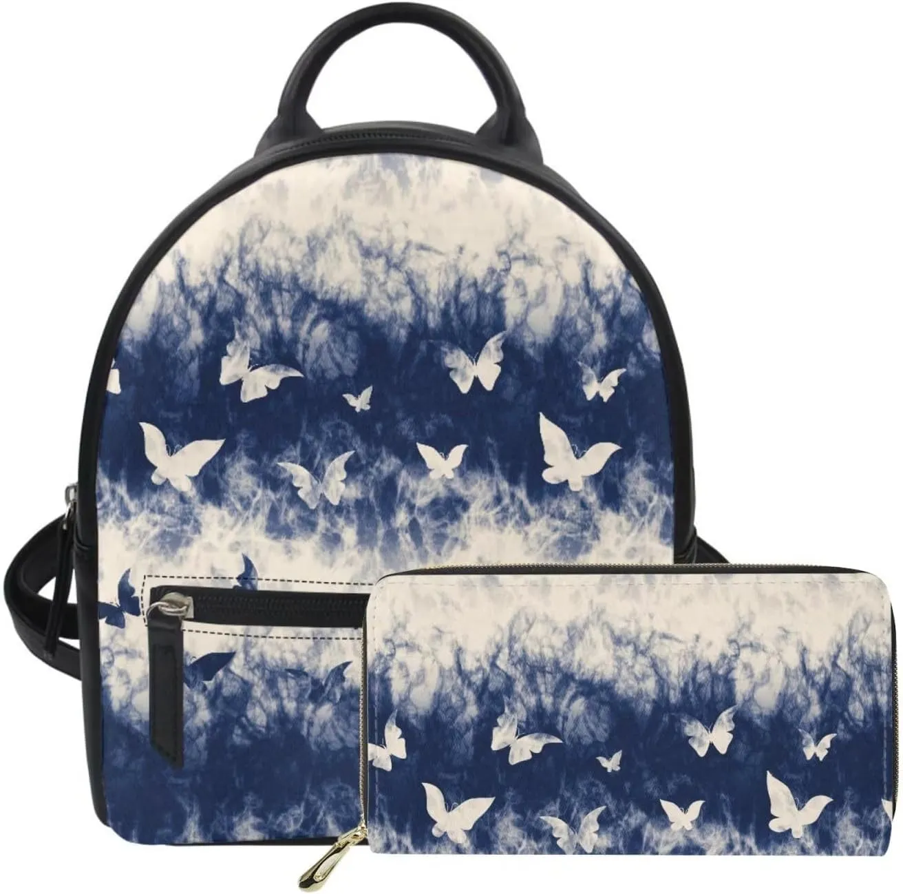 2-Piece Ladies Backpack and Wallet Leather Mini Backpack Purse Mobile Phone Handbag Essential Cash Bags Set, Blue Butterfly Print