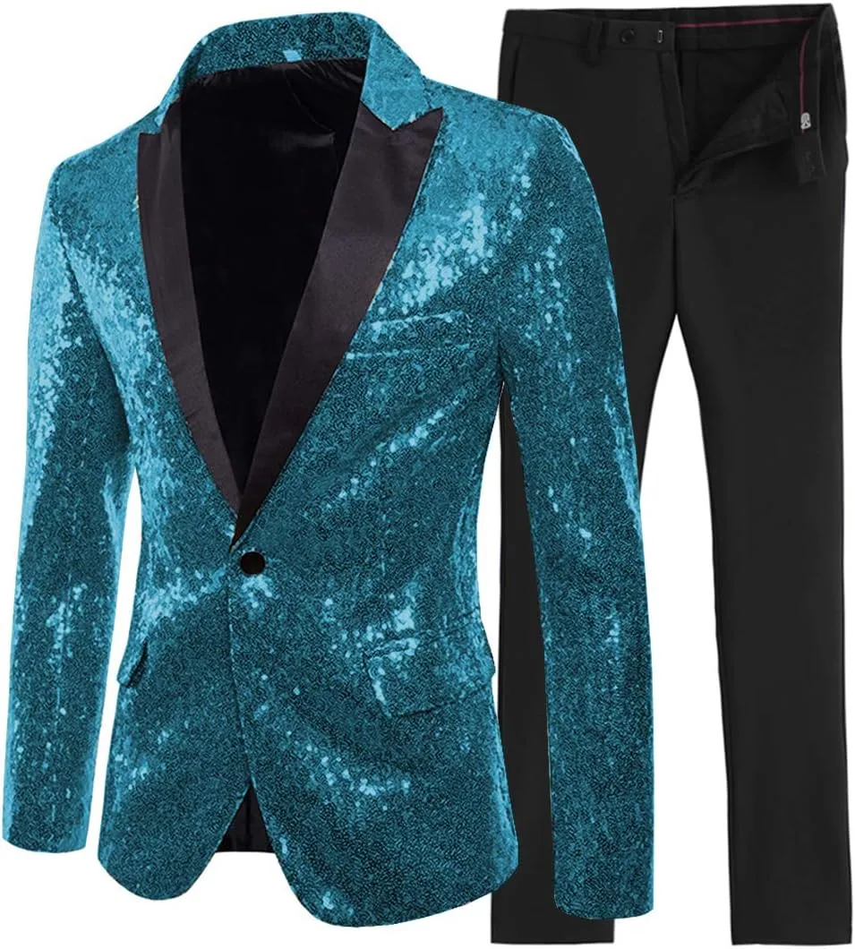 2 Pieces Shiny Sequin Mens Suit Slim Fit One Button Peak Notch Lapel Tuxedo for Wedding Party (Blazer Pants)(38,Teal)