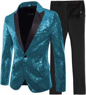 2 Pieces Shiny Sequin Mens Suit Slim Fit One Button Peak Notch Lapel Tuxedo for Wedding Party (Blazer Pants)(38,Teal)