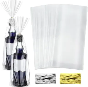 2 Set 8 x 16 Inch Cellophane Bags Plastic Clear Cellophane Gift Bags Wine Wrap with 200 Pieces Gold Silver Twists for Wrapping Gifts Wine Present Candy Holiday Party Favor