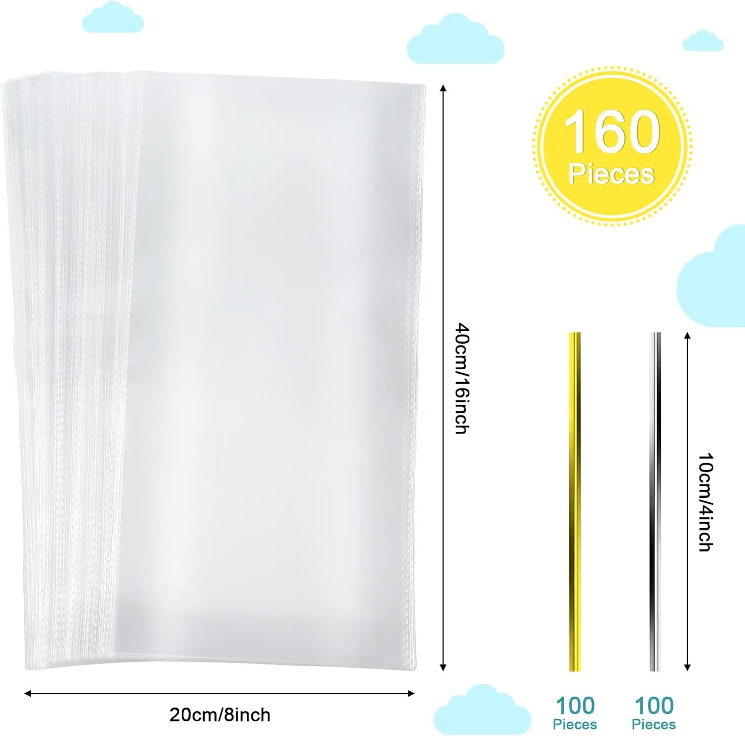 2 Set 8 x 16 Inch Cellophane Bags Plastic Clear Cellophane Gift Bags Wine Wrap with 200 Pieces Gold Silver Twists for Wrapping Gifts Wine Present Candy Holiday Party Favor
