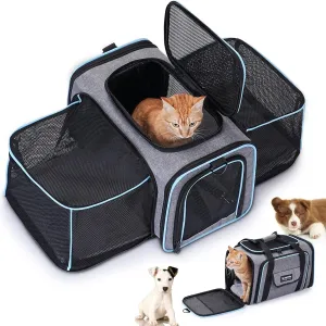 2 Sides Travel Expandable Pet Carrier Bag (Large), Airline Approved Soft-Sided Cat Carrier with Pad & Pocket & Removable Shoulder Strap - 18"x11"x11" Dog Airplane Carrier