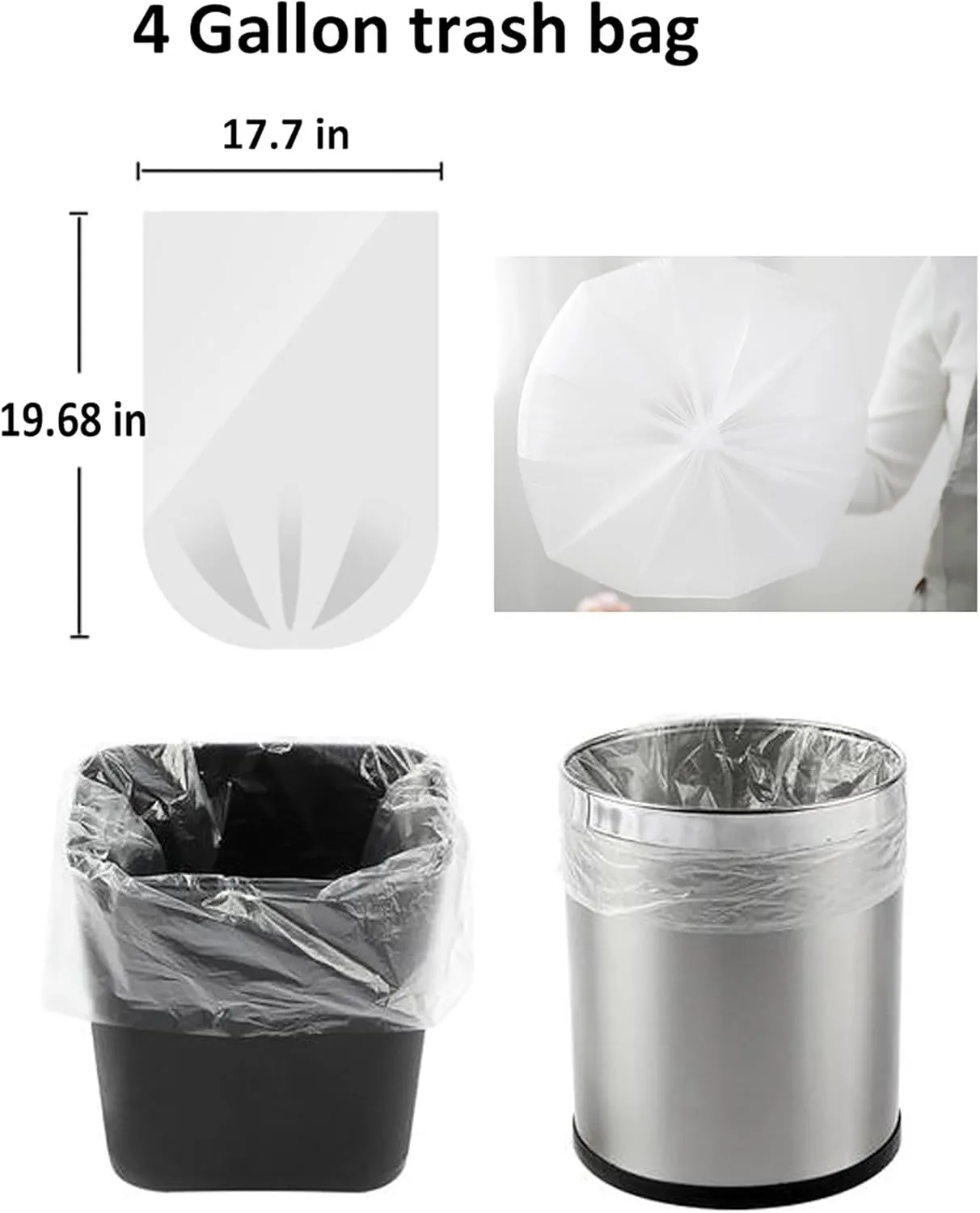 200 Count Clear 4 Gallon Garbage Bags - Strong, Leakage-Free, Unscented Thick for Bathroom, Office, Kitchen Waste Basket & Small Trash Can