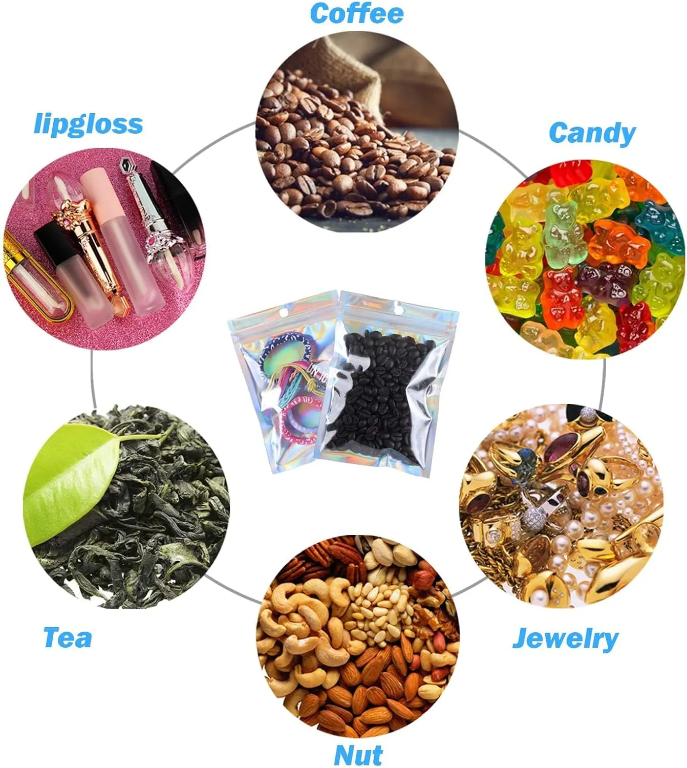 200 PCS 5x8 Smell Proof Mylar Bags for Food Storage, Resealable Large Mylar Bags for Kitchen Organization with Clear Window, Holographic Ziplock Packaging Bag for Candy, Cookies and Small Jewelry