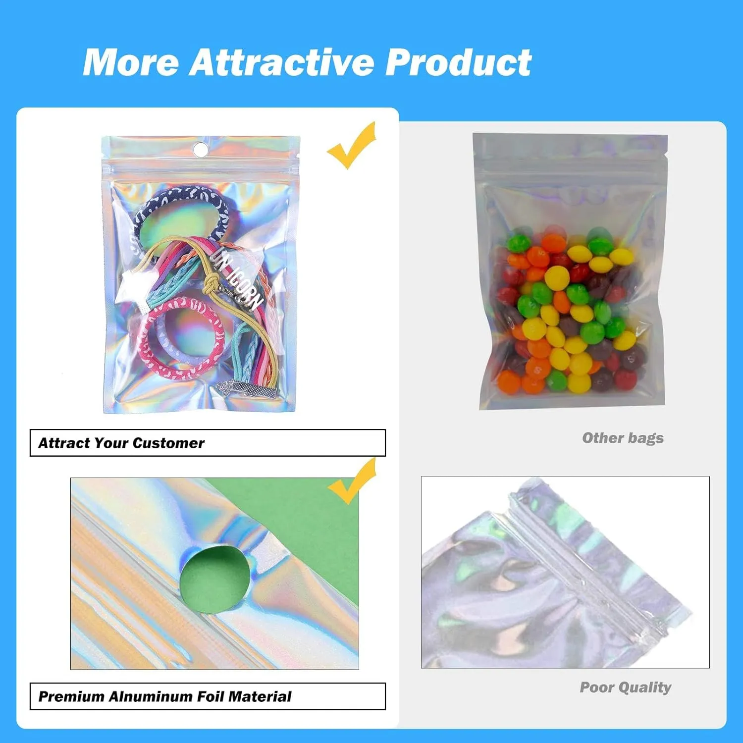 200 PCS 5x8 Smell Proof Mylar Bags for Food Storage, Resealable Large Mylar Bags for Kitchen Organization with Clear Window, Holographic Ziplock Packaging Bag for Candy, Cookies and Small Jewelry