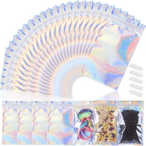 200 PCS 5x8 Smell Proof Mylar Bags for Food Storage, Resealable Large Mylar Bags for Kitchen Organization with Clear Window, Holographic Ziplock Packaging Bag for Candy, Cookies and Small Jewelry