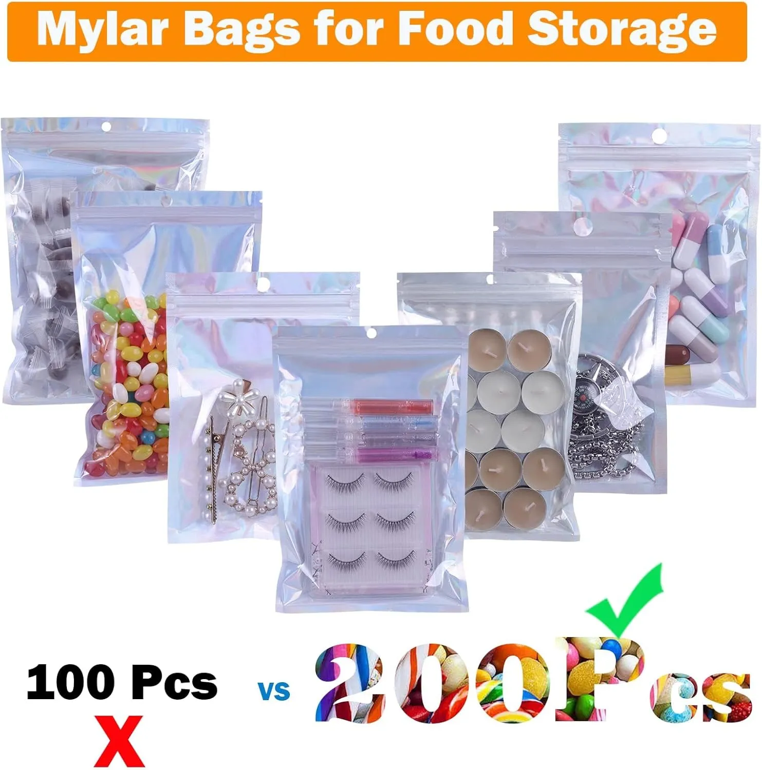 200 PCS 5x8 Smell Proof Mylar Bags for Food Storage, Resealable Large Mylar Bags for Kitchen Organization with Clear Window, Holographic Ziplock Packaging Bag for Candy, Cookies and Small Jewelry