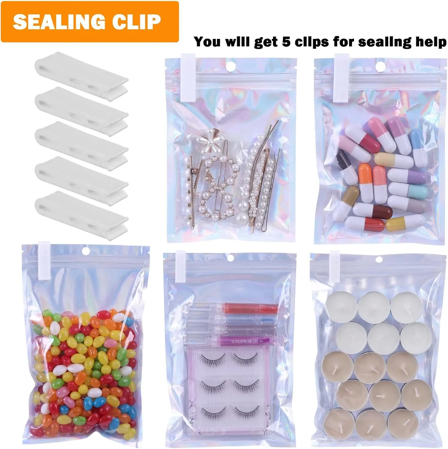 200 PCS 5x8 Smell Proof Mylar Bags for Food Storage, Resealable Large Mylar Bags for Kitchen Organization with Clear Window, Holographic Ziplock Packaging Bag for Candy, Cookies and Small Jewelry
