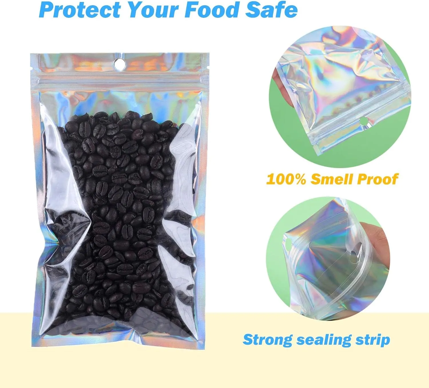 200 PCS 5x8 Smell Proof Mylar Bags for Food Storage, Resealable Large Mylar Bags for Kitchen Organization with Clear Window, Holographic Ziplock Packaging Bag for Candy, Cookies and Small Jewelry