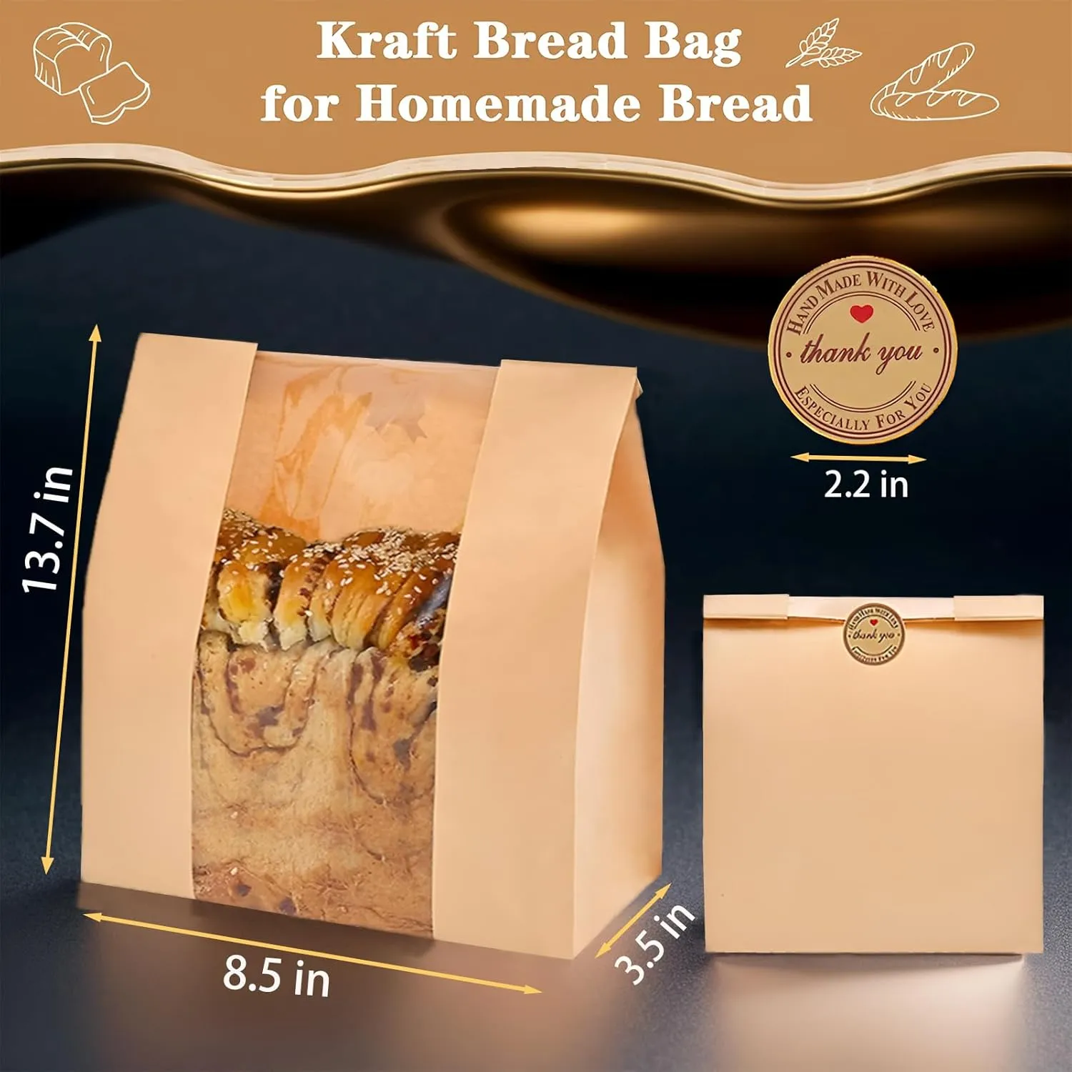 200 Pcs Kraft Sourdough Bread Bags with Window, bread Bags for Homemade Bread, Bakery Bag for Storage Packaging - Large Sourdough Bag (13.7 * 8.2 * 3.5 in) - 200 Pcs Thank You Bonus Label Stickers