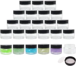 24 Pack 1 oz Round Clear Glass Cosmetic Jars with Inner Liners and Black Lids, Travel Glass Jars, Cosmetic Containers for Lip Balms, Powders, Makeup, Cream, Eyeshadow, Slime, Paint
