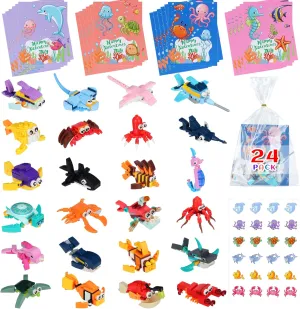 24 Packs Valentines Day Gifts for Kids, Animal Building Blocks with Valentines Cards Stickers for Classroom School Goodie Bags, Valentines Party Favors for Kids Boys Girls