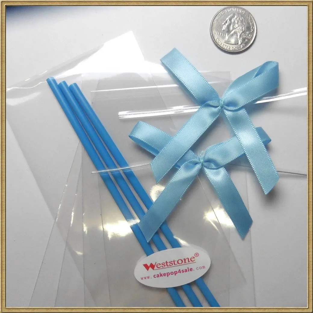 25pcs 6" Lollipop Stick, 25 pcs Poly Bag, 25pcs Pre tied ribbon bows for cake pops - Blue