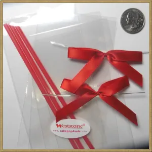 25pcs 6" Lollipop Stick, 25 pcs Poly Bag, 25pcs Pre tied ribbon bows for cake pops - Red