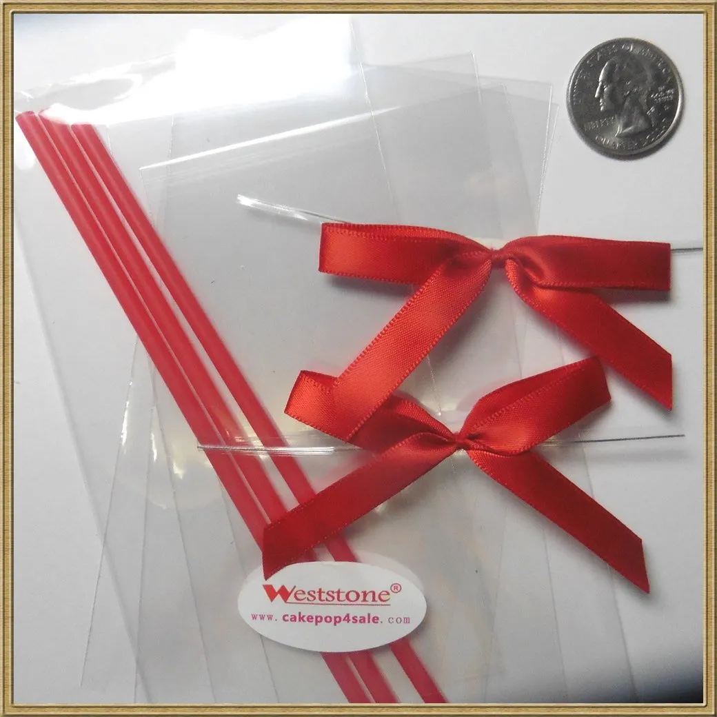 25pcs 6" Lollipop Stick, 25 pcs Poly Bag, 25pcs Pre tied ribbon bows for cake pops - Red