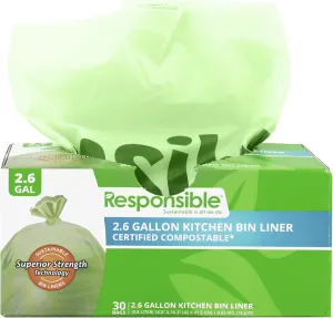 2.6 Gallon Drawstring Kitchen Bin Liners, Certified Compostable, Heavy Duty Multipurpose Food Scrap Bags, Made from Compostable Materials (30 Count)