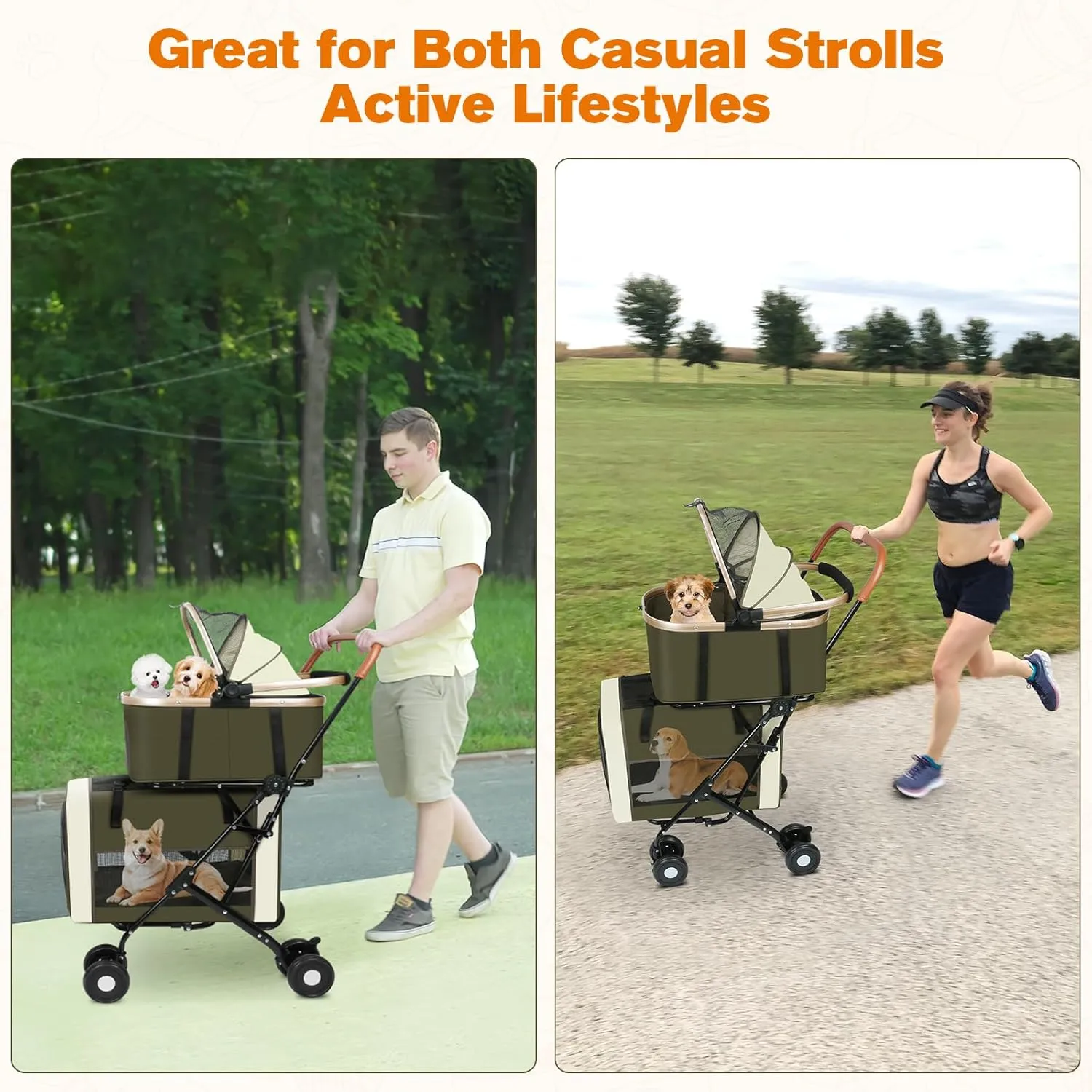 3-in-1 Dog & Cat Stroller with Dual Detachable Carriers – Foldable Pet Stroller for Small & Medium Dogs up to 77 lbs, Travel-Friendly Carrier for Car Use, All-Terrain Wheels & Safety Features