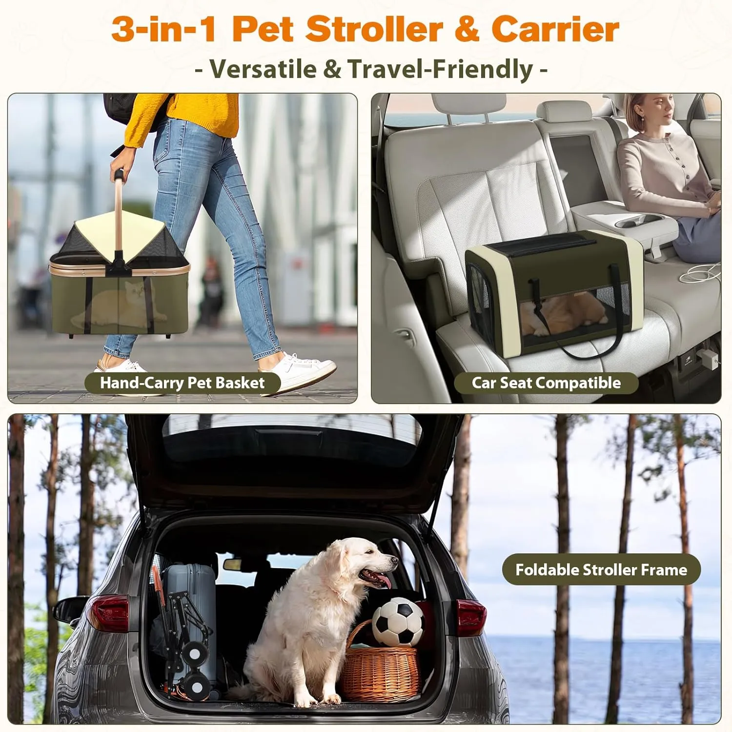 3-in-1 Dog & Cat Stroller with Dual Detachable Carriers – Foldable Pet Stroller for Small & Medium Dogs up to 77 lbs, Travel-Friendly Carrier for Car Use, All-Terrain Wheels & Safety Features