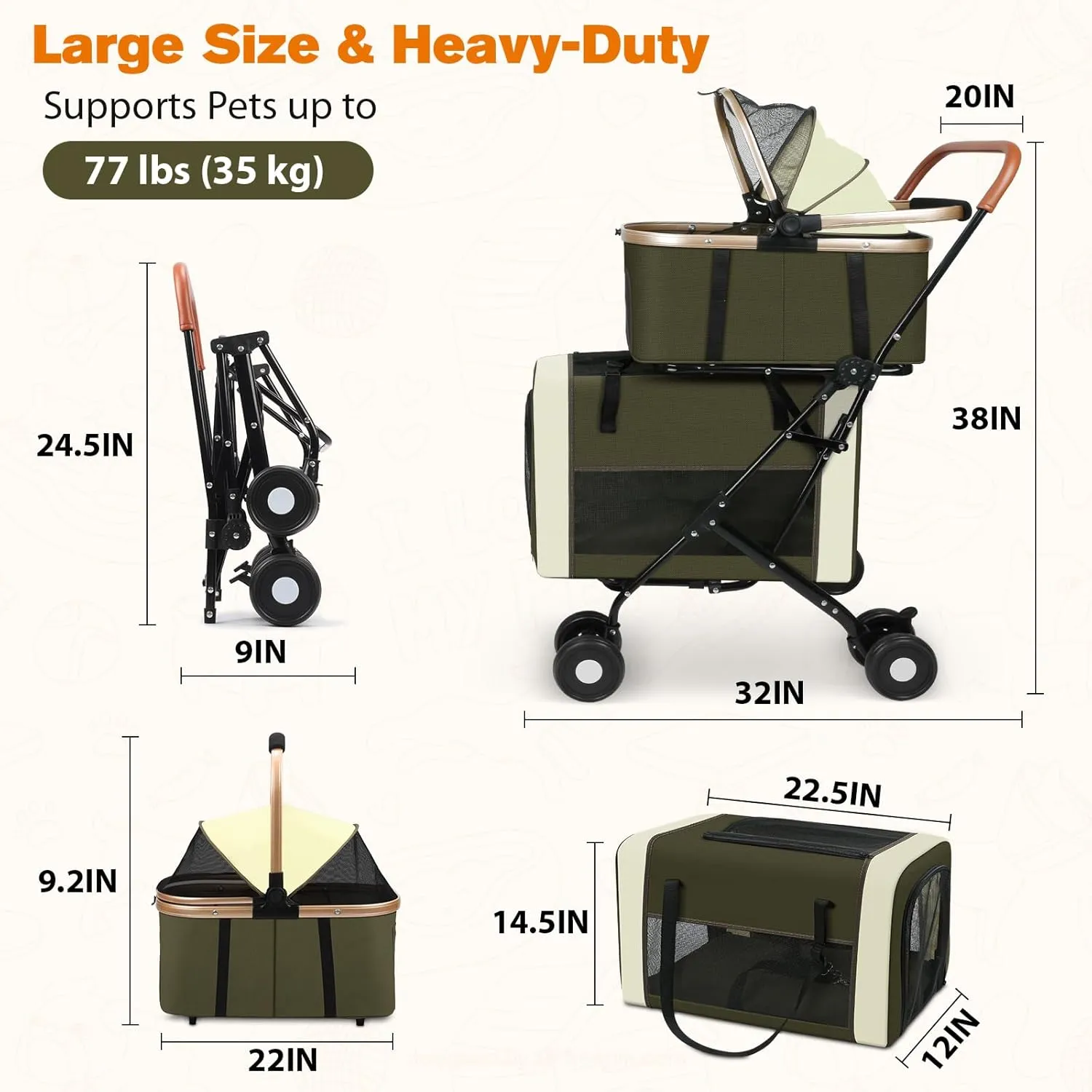 3-in-1 Dog & Cat Stroller with Dual Detachable Carriers – Foldable Pet Stroller for Small & Medium Dogs up to 77 lbs, Travel-Friendly Carrier for Car Use, All-Terrain Wheels & Safety Features