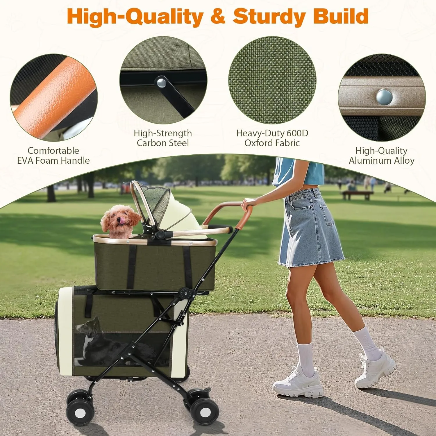 3-in-1 Dog & Cat Stroller with Dual Detachable Carriers – Foldable Pet Stroller for Small & Medium Dogs up to 77 lbs, Travel-Friendly Carrier for Car Use, All-Terrain Wheels & Safety Features