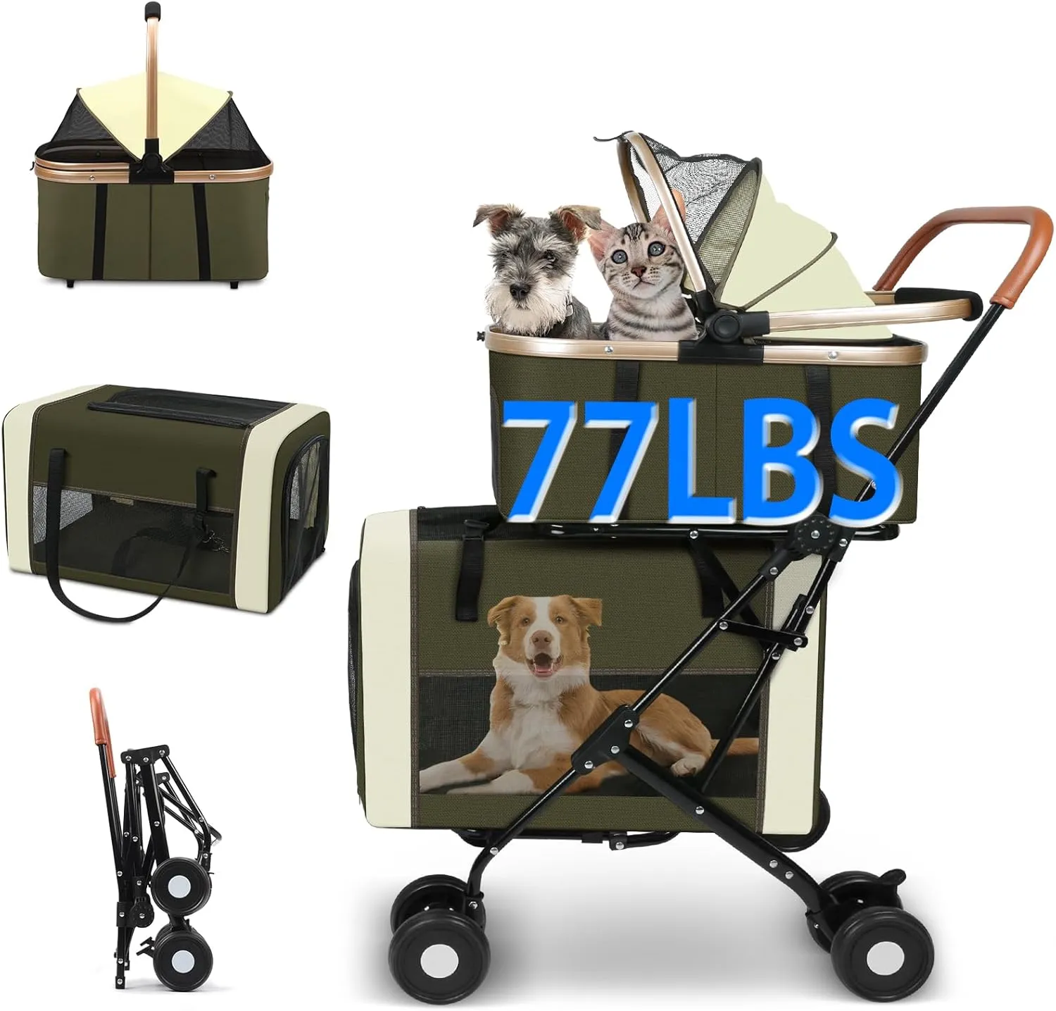 3-in-1 Dog & Cat Stroller with Dual Detachable Carriers – Foldable Pet Stroller for Small & Medium Dogs up to 77 lbs, Travel-Friendly Carrier for Car Use, All-Terrain Wheels & Safety Features