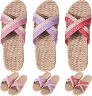 3 Pairs Linen House Slippers Summer Slippers Indoor for Women Comfortable Washable Flax Shoes Open Toe Non Slip for Hotel Travel Bedroom Airplane Party (Size 7.5-8.5)