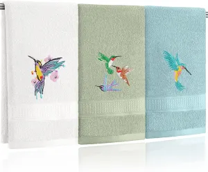 3 Pcs Hummingbird Hand Towels Farmhouse Garden Hummingbird Bathroom Decor 14x29 Inch Embroidered Bird 100% Cotton Soft Decorative Summer Hand Towels for Bathroom Kitchen