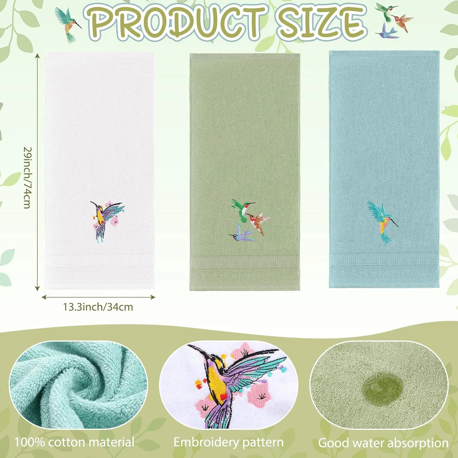 3 Pcs Hummingbird Hand Towels Farmhouse Garden Hummingbird Bathroom Decor 14x29 Inch Embroidered Bird 100% Cotton Soft Decorative Summer Hand Towels for Bathroom Kitchen