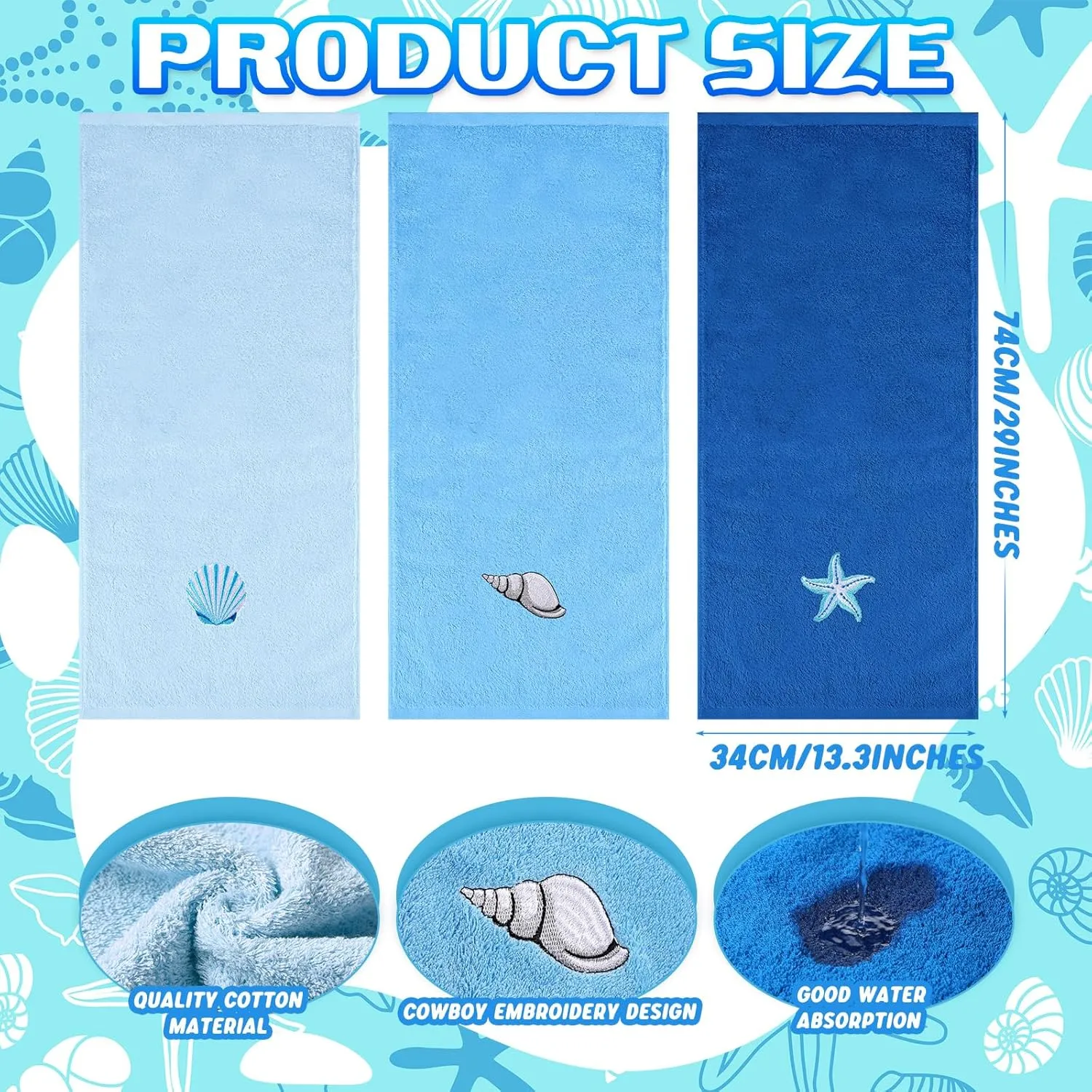 3 Pcs Ocean Hand Towels for Bathroom Cotton Embroidered Rodeo Kitchen Towels 13.3" x 29.5" Rustic Gifts for Bath Shower Farmhouse Decors Housewarming Gift(Blue)