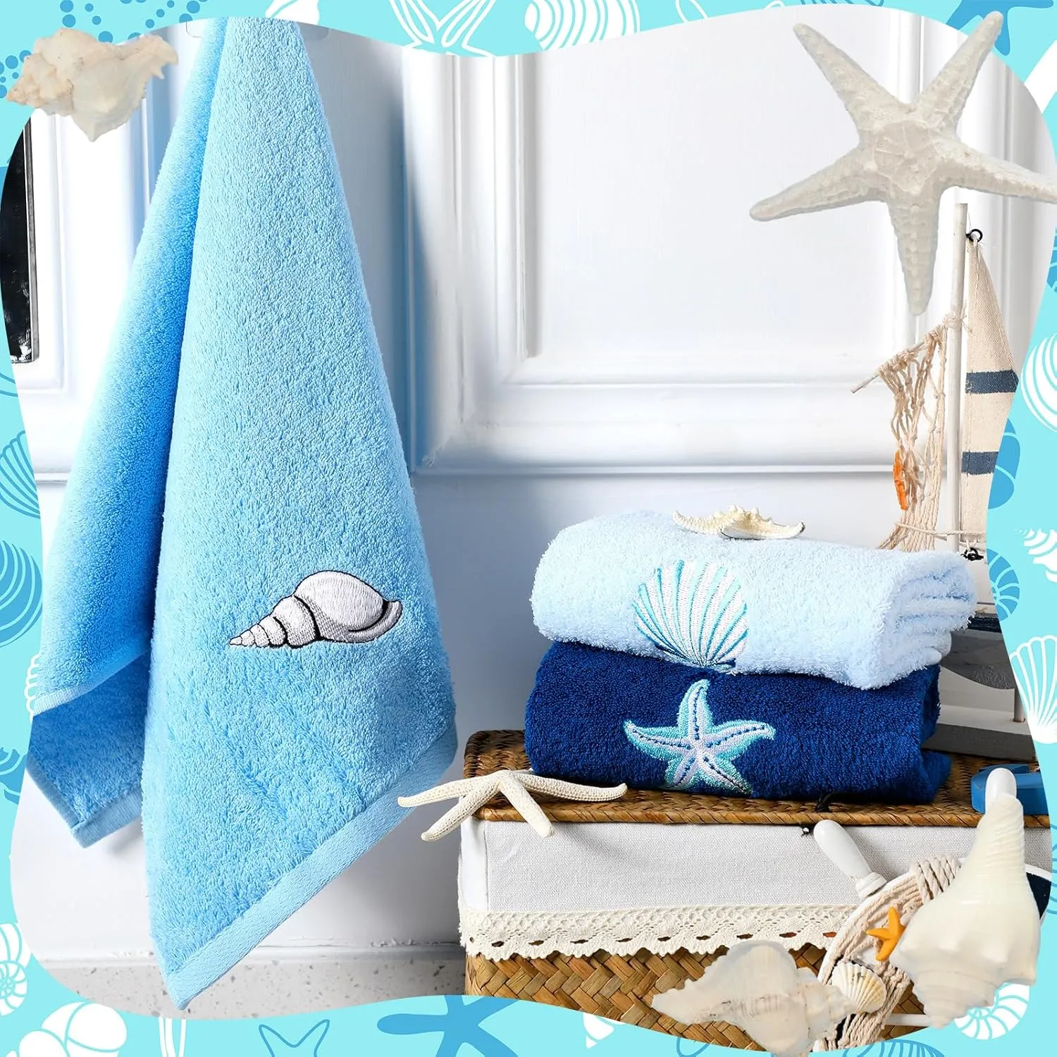 3 Pcs Ocean Hand Towels for Bathroom Cotton Embroidered Rodeo Kitchen Towels 13.3" x 29.5" Rustic Gifts for Bath Shower Farmhouse Decors Housewarming Gift(Blue)