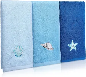 3 Pcs Ocean Hand Towels for Bathroom Cotton Embroidered Rodeo Kitchen Towels 13.3" x 29.5" Rustic Gifts for Bath Shower Farmhouse Decors Housewarming Gift(Blue)
